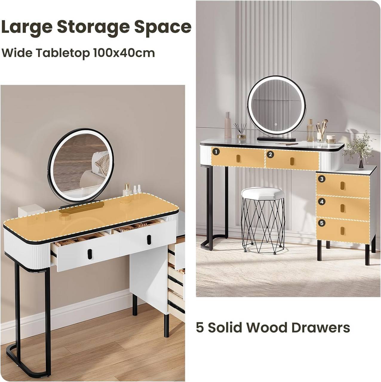 "Modern black and white dressing table with 360° dimmable LED mirror, high-gloss tabletop, large storage drawers, and a velvet-padded stool – Egyptian Queen Store."

