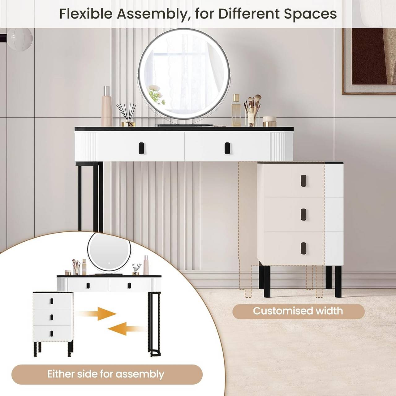 "Modern black and white dressing table with 360° dimmable LED mirror, high-gloss tabletop, large storage drawers, and a velvet-padded stool – Egyptian Queen Store."

