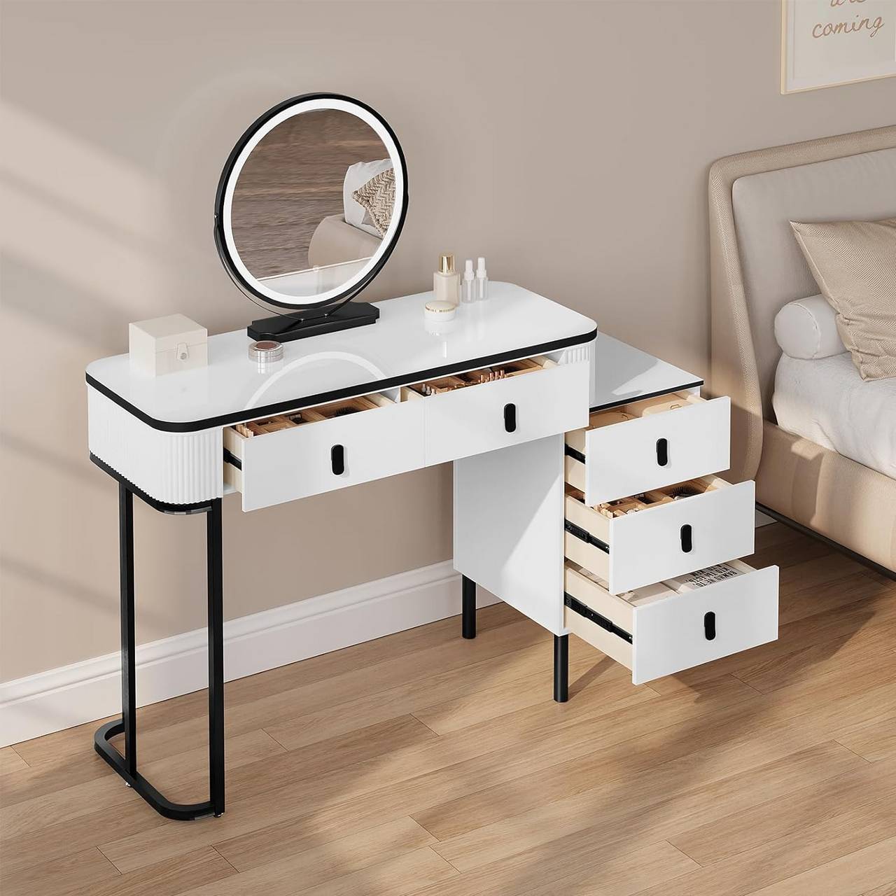 "Modern black and white dressing table with 360° dimmable LED mirror, high-gloss tabletop, large storage drawers, and a velvet-padded stool – Egyptian Queen Store."

