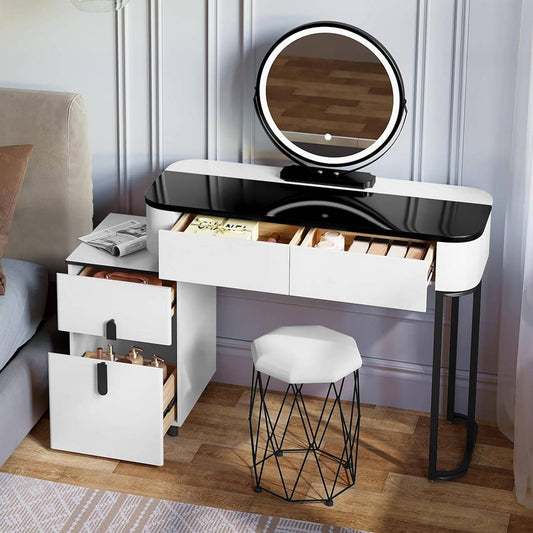 "Elegant black and white dressing table with adjustable LED round mirror, tempered glass tabletop, storage drawers, and velvet-upholstered stool – Egyptian Queen Store."

