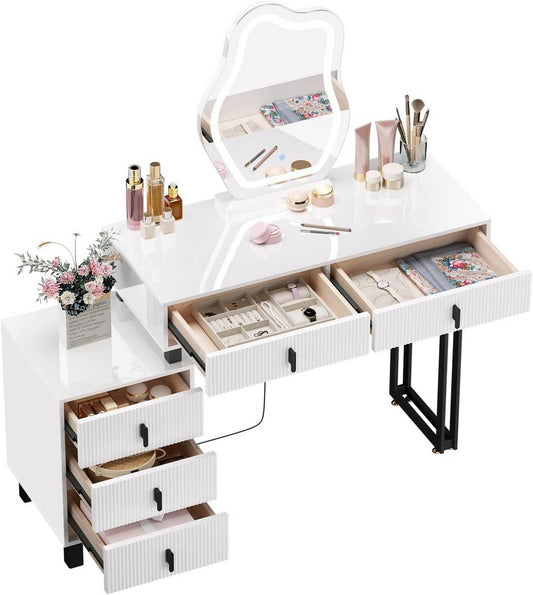"Modern dressing table by Egyptian Queen Store in high-gloss white with cloud-shaped LED mirror, adjustable lighting, and large storage drawers – stylish and versatile."

