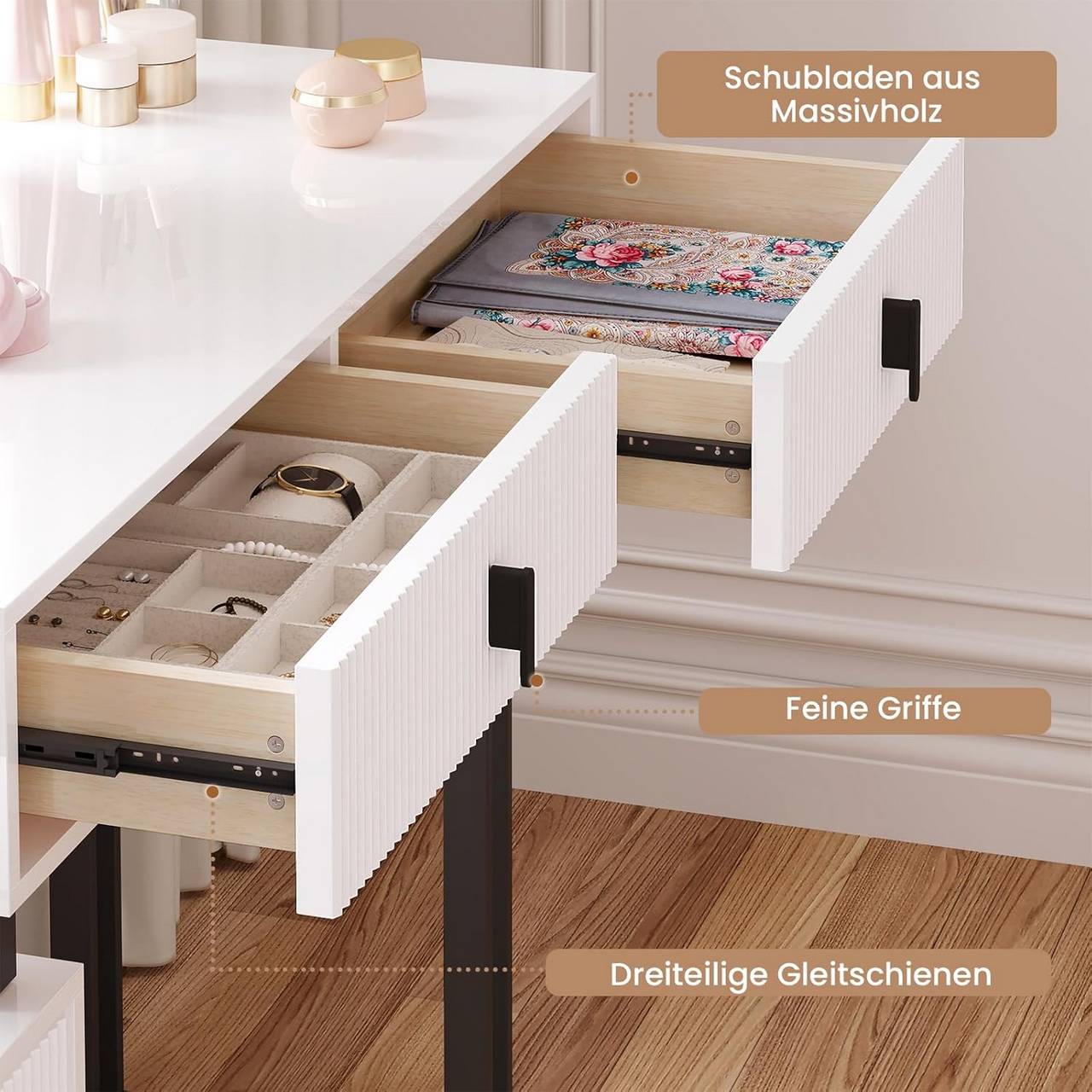 "Modern dressing table by Egyptian Queen Store in high-gloss white with cloud-shaped LED mirror, adjustable lighting, and large storage drawers – stylish and versatile."

