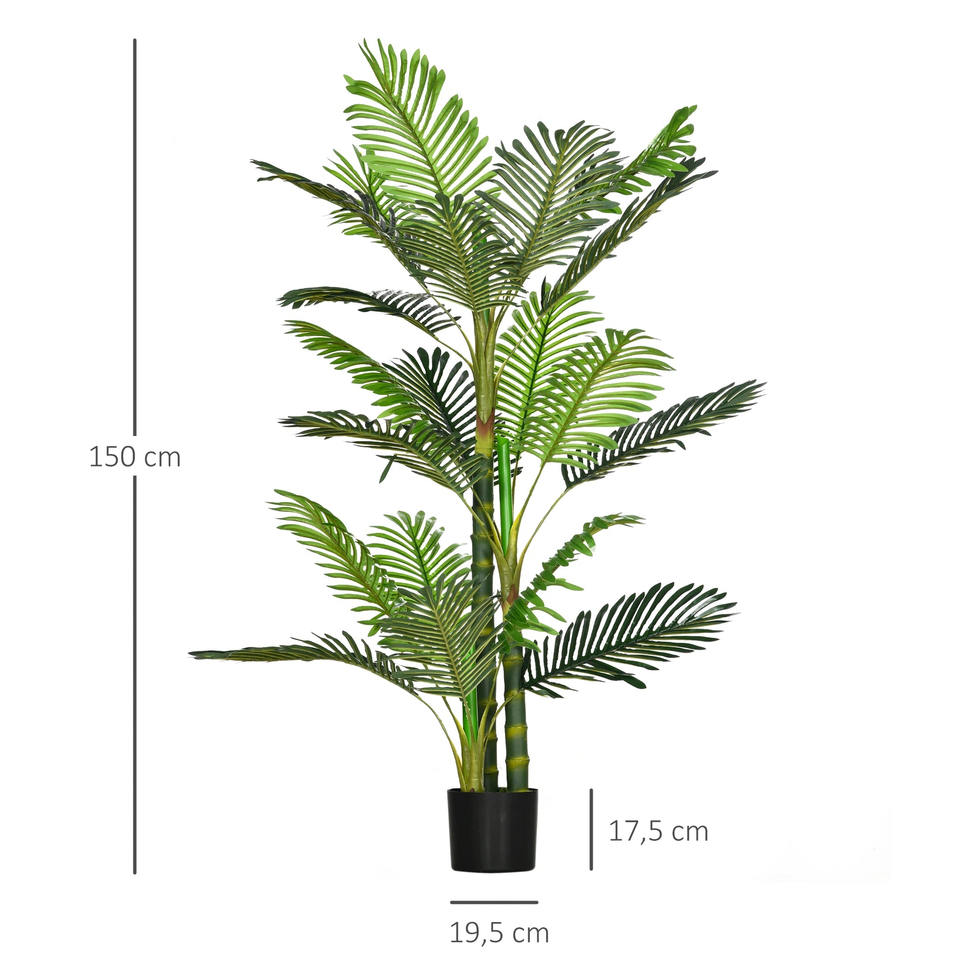150 cm artificial Areca palm tree with 21 lifelike green leaves, set in a black planter with cement filling. Perfect for indoor or outdoor décor, maintenance-free.

