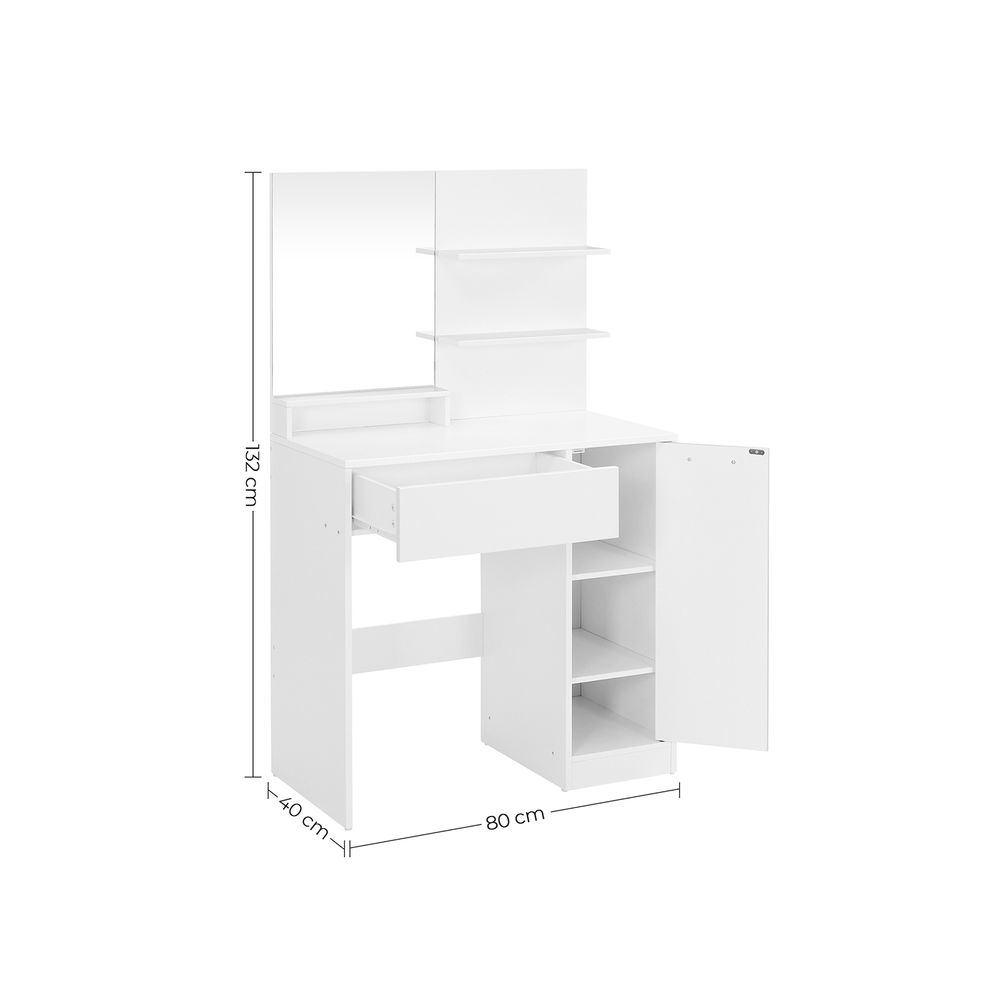 Elegant white dressing table with a frameless mirror, shelves for lipsticks and creams, a drawer for eye shadows and brushes, and a cupboard for skincare products. The sleek design and smooth lacquer coating make it a timeless addition to any room.






