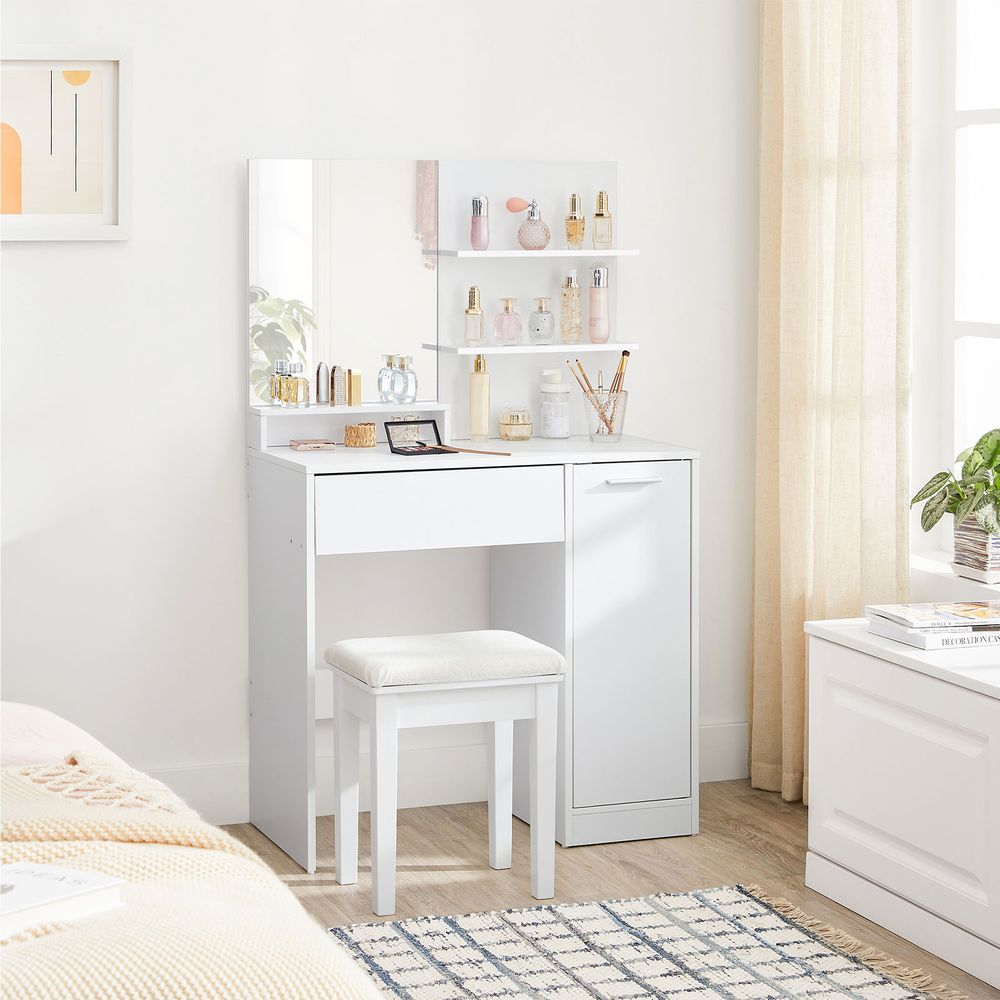 Elegant white dressing table with a frameless mirror, shelves for lipsticks and creams, a drawer for eye shadows and brushes, and a cupboard for skincare products. The sleek design and smooth lacquer coating make it a timeless addition to any room.






