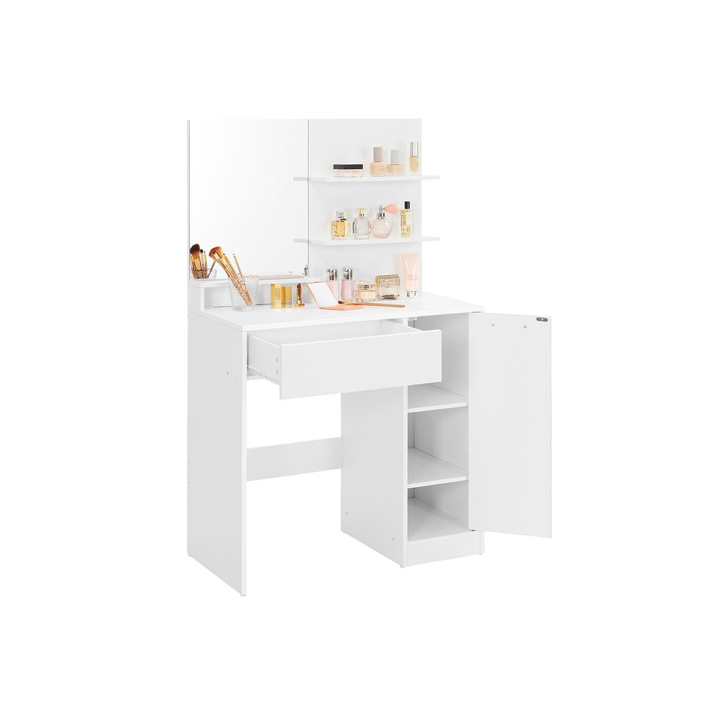 Elegant white dressing table with a frameless mirror, shelves for lipsticks and creams, a drawer for eye shadows and brushes, and a cupboard for skincare products. The sleek design and smooth lacquer coating make it a timeless addition to any room.






