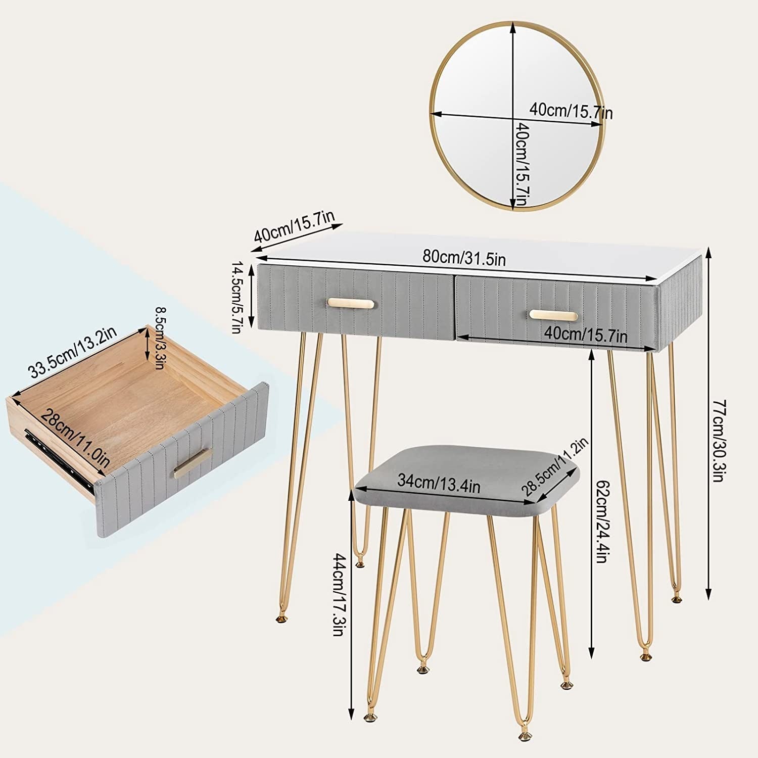 "Chic vanity makeup table with gold metal legs, adjustable mirror, and velvet-padded stool, featuring three drawers and a high-gloss finish – Egyptian Queen Store."

