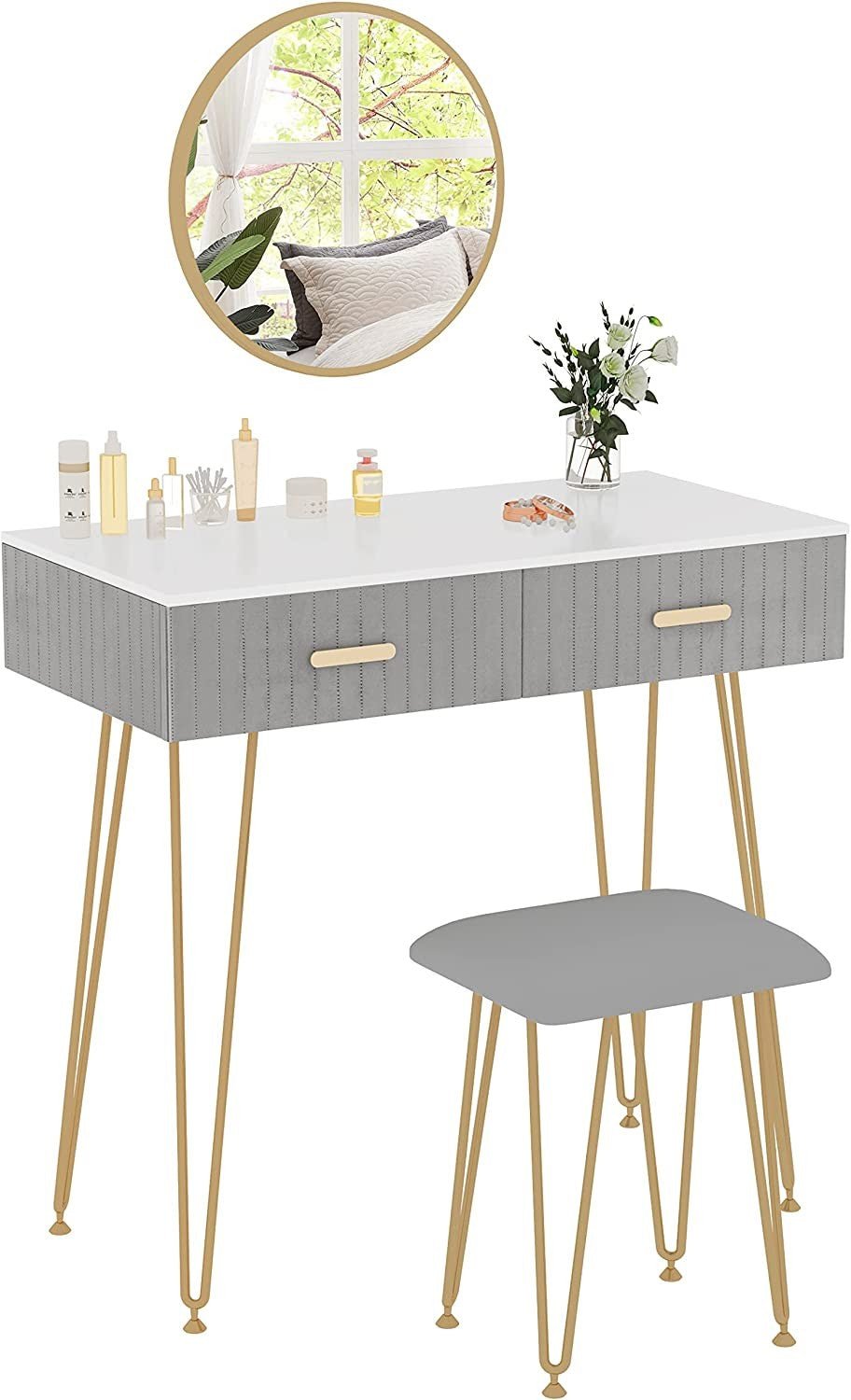 "Chic vanity makeup table with gold metal legs, adjustable mirror, and velvet-padded stool, featuring three drawers and a high-gloss finish – Egyptian Queen Store."

