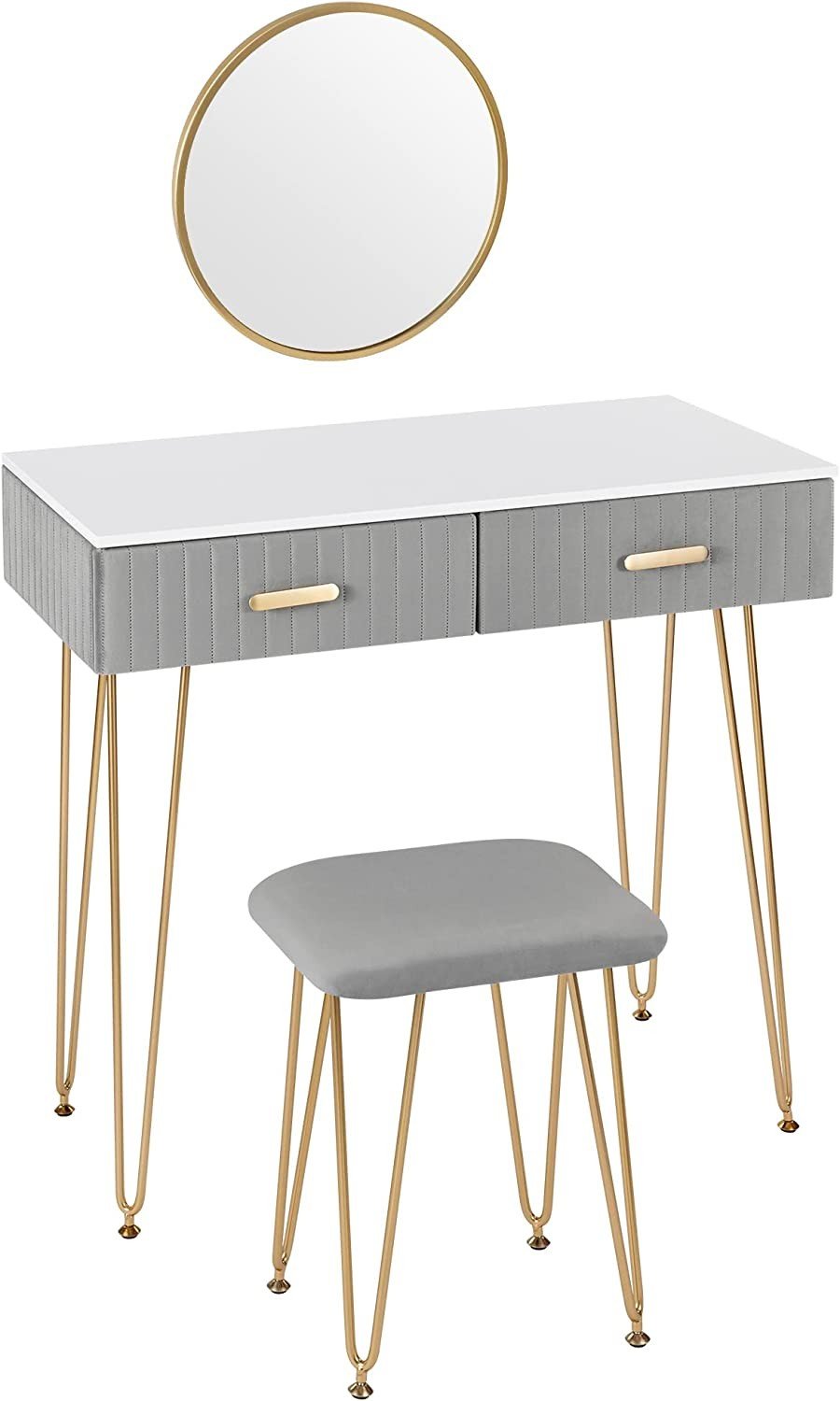 "Chic vanity makeup table with gold metal legs, adjustable mirror, and velvet-padded stool, featuring three drawers and a high-gloss finish – Egyptian Queen Store."

