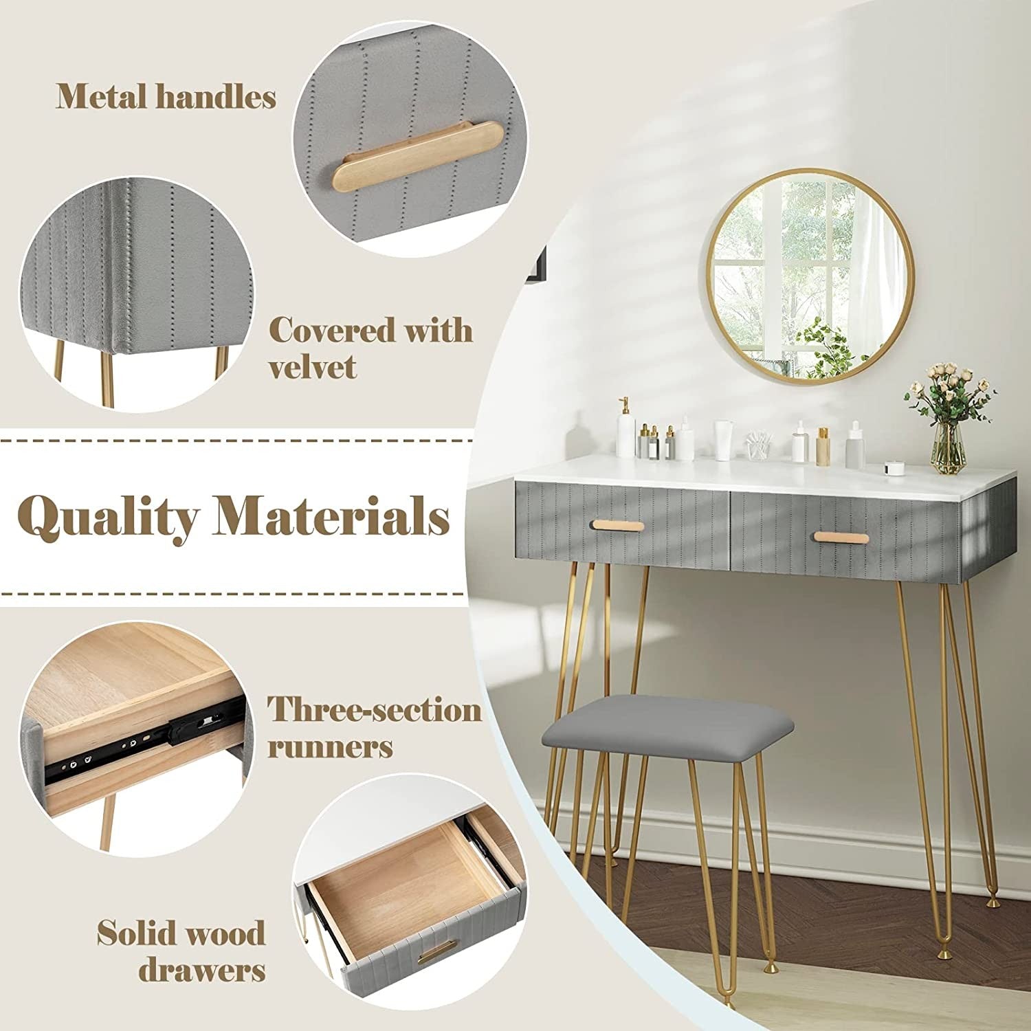 "Chic vanity makeup table with gold metal legs, adjustable mirror, and velvet-padded stool, featuring three drawers and a high-gloss finish – Egyptian Queen Store."

