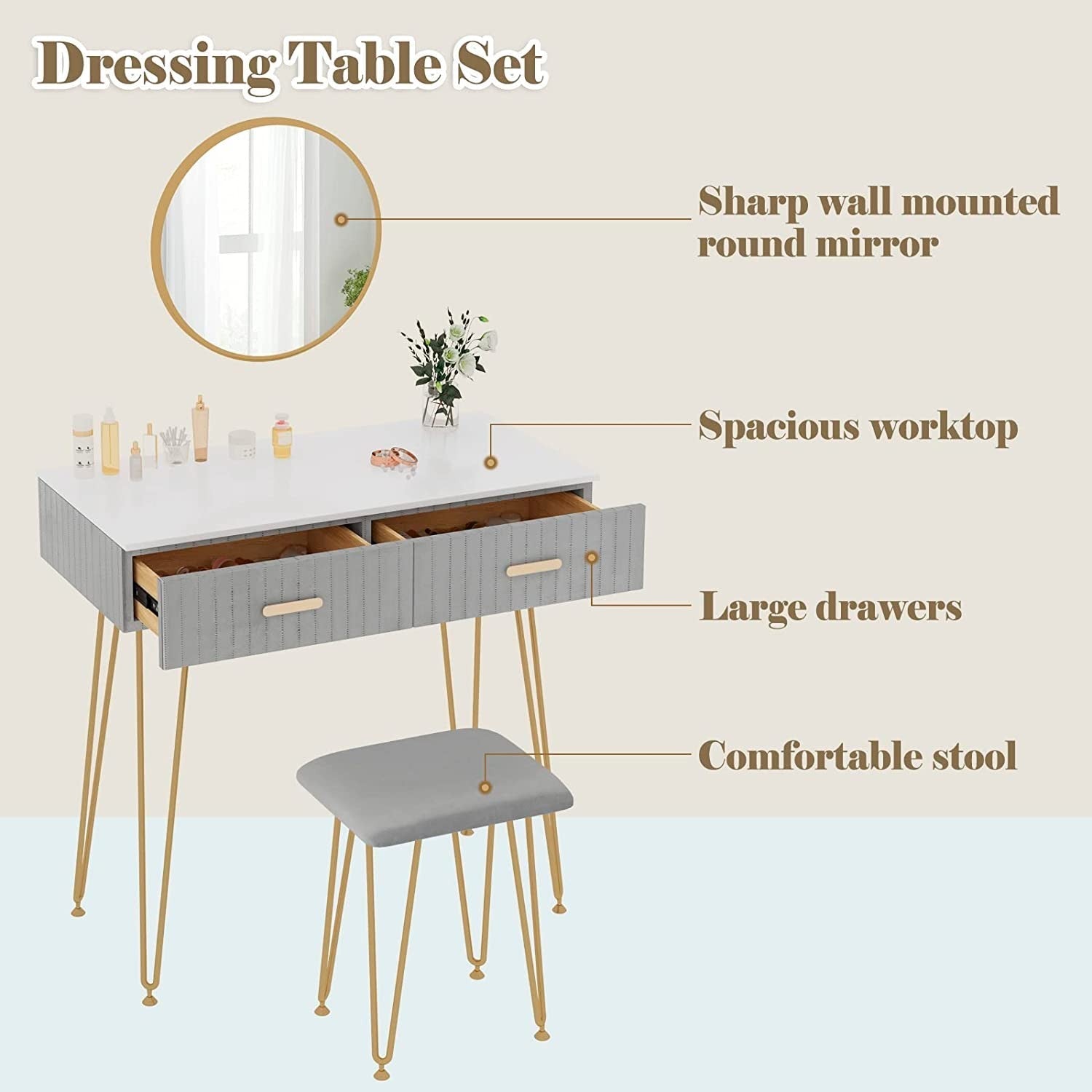 "Chic vanity makeup table with gold metal legs, adjustable mirror, and velvet-padded stool, featuring three drawers and a high-gloss finish – Egyptian Queen Store."


