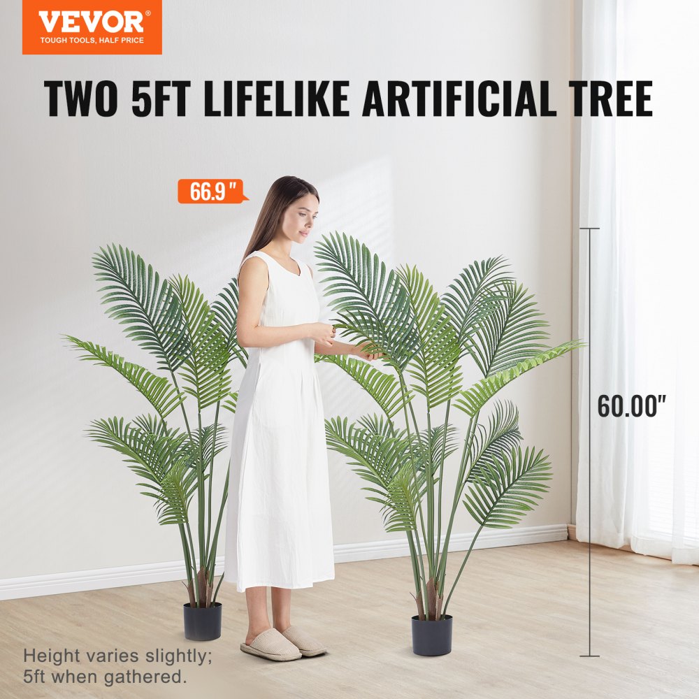 Lifelike 5 ft. tall artificial Betel Nut Palm trees made from high-quality PE material with adjustable branches. Set of 2, ideal for indoor and outdoor decoration. Features realistic leaves, trunk patterns, and moss-covered potting soil.

