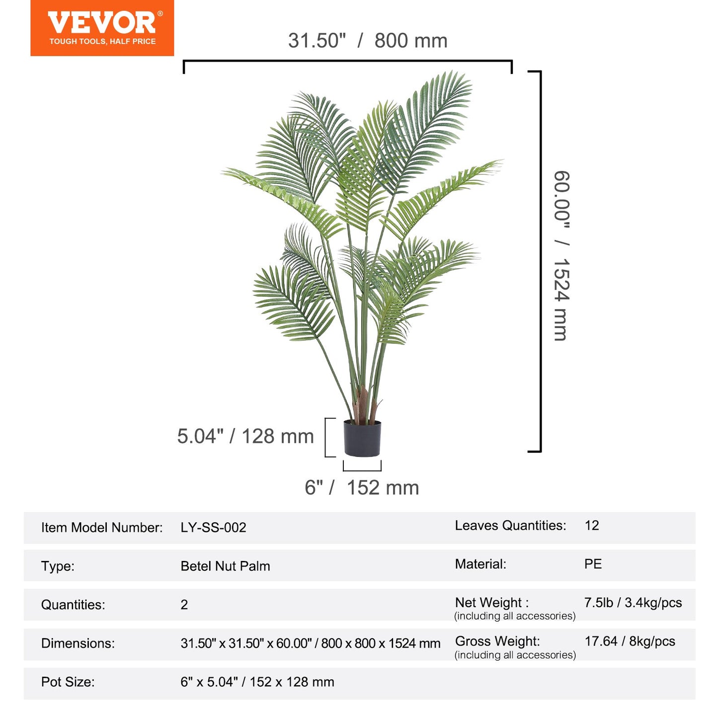 Lifelike 5 ft. tall artificial Betel Nut Palm trees made from high-quality PE material with adjustable branches. Set of 2, ideal for indoor and outdoor decoration. Features realistic leaves, trunk patterns, and moss-covered potting soil.


