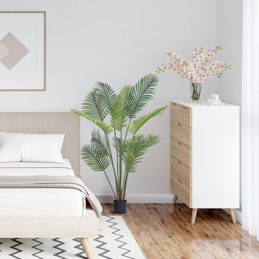 Lifelike 5 ft. tall artificial Betel Nut Palm trees made from high-quality PE material with adjustable branches. Set of 2, ideal for indoor and outdoor decoration. Features realistic leaves, trunk patterns, and moss-covered potting soil.

