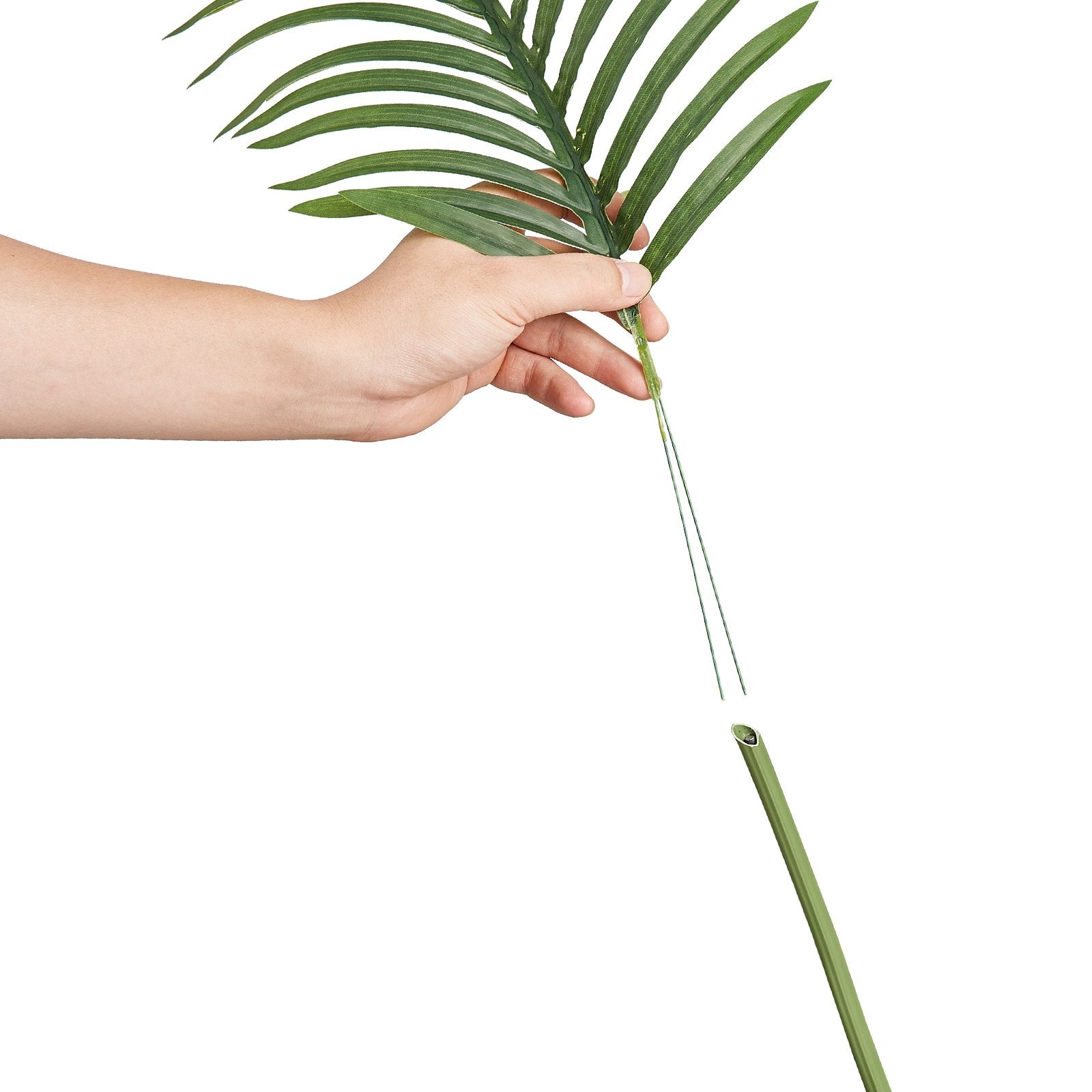 Lifelike 5 ft. tall artificial Betel Nut Palm trees made from high-quality PE material with adjustable branches. Set of 2, ideal for indoor and outdoor decoration. Features realistic leaves, trunk patterns, and moss-covered potting soil.

