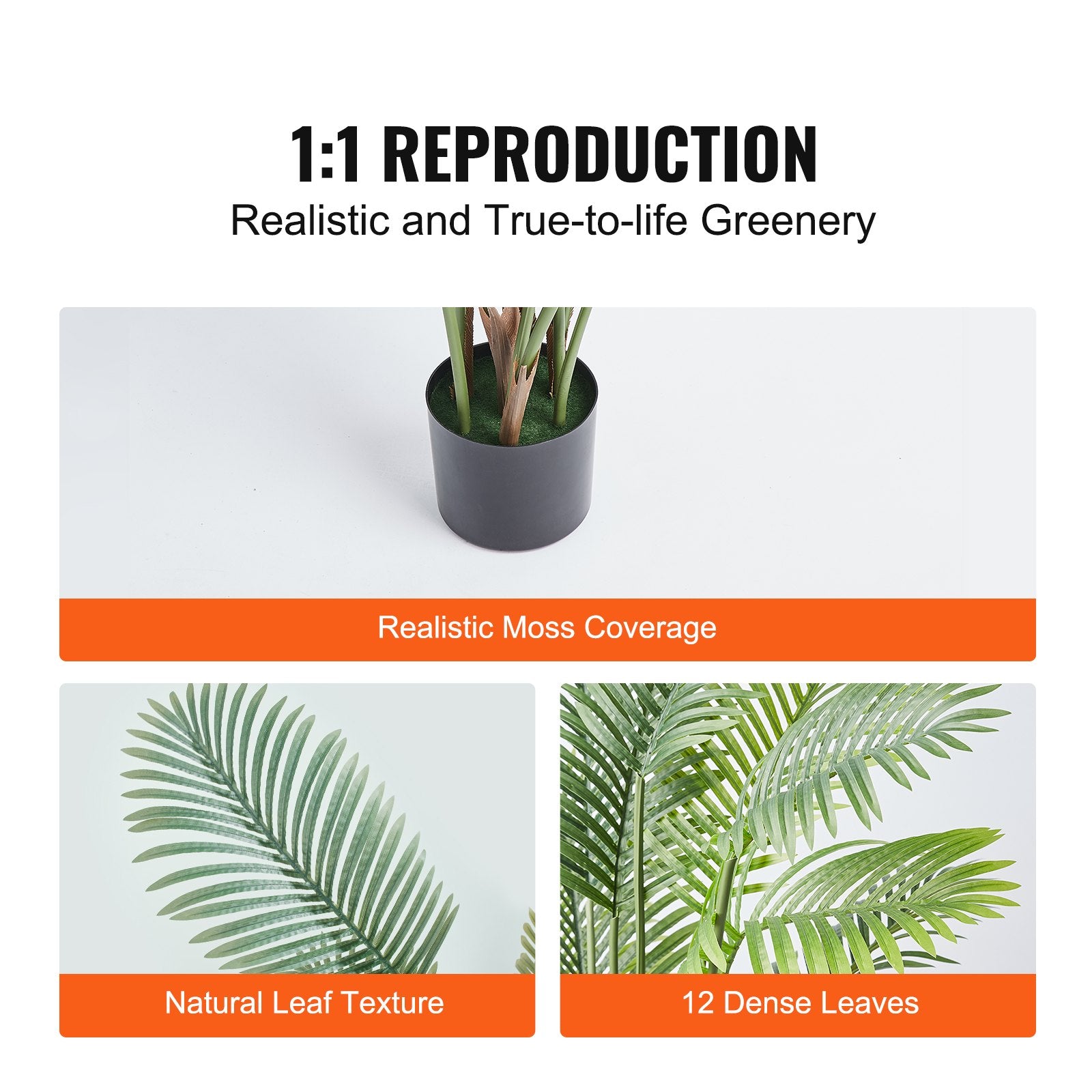 Lifelike 5 ft. tall artificial Betel Nut Palm trees made from high-quality PE material with adjustable branches. Set of 2, ideal for indoor and outdoor decoration. Features realistic leaves, trunk patterns, and moss-covered potting soil.

