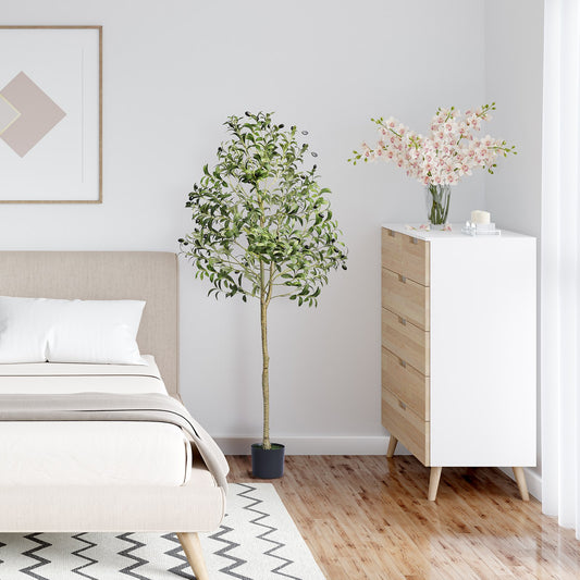 Artificial olive tree available in 155 cm and 179 cm heights, featuring 1224 lifelike leaves, adjustable branches, and a durable black pot made from high-quality PE material.

