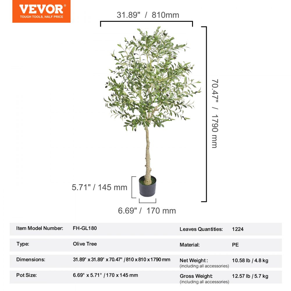 Artificial olive tree available in 155 cm and 179 cm heights, featuring 1224 lifelike leaves, adjustable branches, and a durable black pot made from high-quality PE material.

