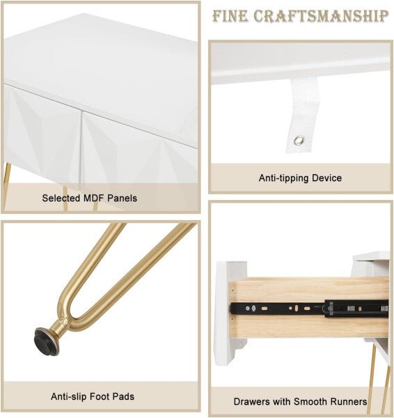 Elegant white dressing table with 360° rotating mirror, three spacious drawers, velvet stool, and sturdy gold-coloured metal frame, perfect for makeup and storage.






