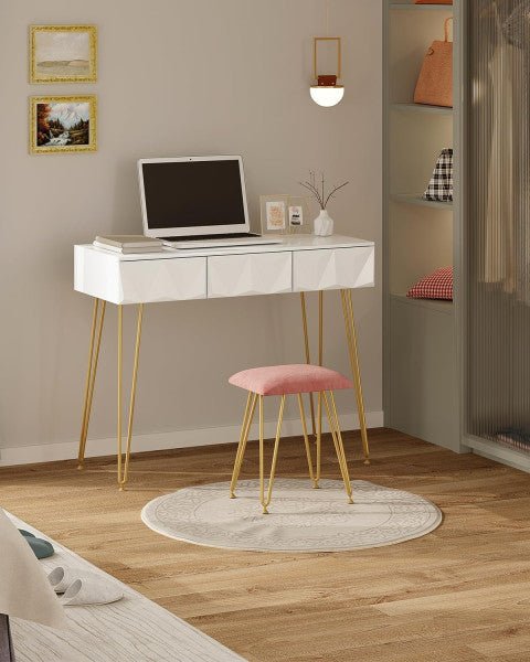 Elegant white dressing table with 360° rotating mirror, three spacious drawers, velvet stool, and sturdy gold-coloured metal frame, perfect for makeup and storage.






