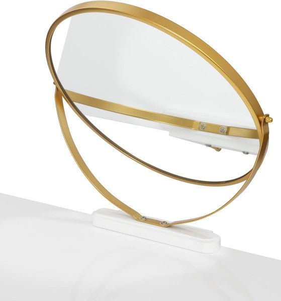 Elegant white dressing table with 360° rotating mirror, three spacious drawers, velvet stool, and sturdy gold-coloured metal frame, perfect for makeup and storage.






