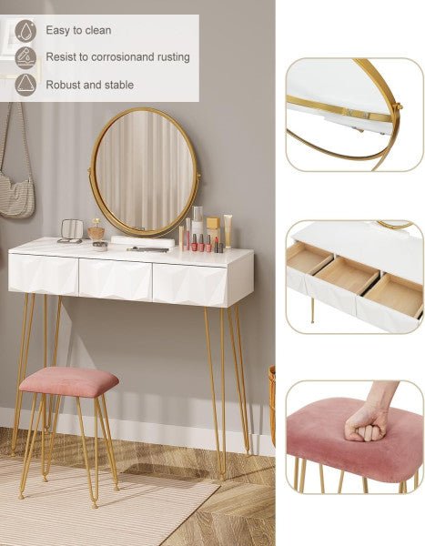 Elegant white dressing table with 360° rotating mirror, three spacious drawers, velvet stool, and sturdy gold-coloured metal frame, perfect for makeup and storage.






