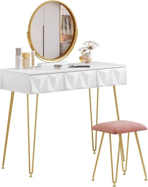 Elegant white dressing table with 360° rotating mirror, three spacious drawers, velvet stool, and sturdy gold-coloured metal frame, perfect for makeup and storage.






