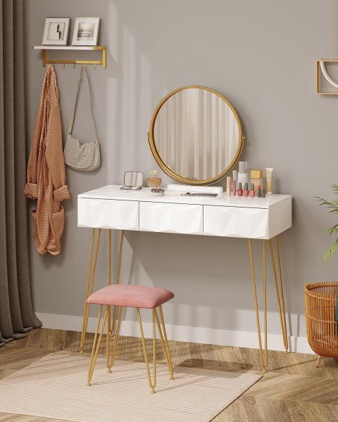 Elegant white dressing table with 360° rotating mirror, three spacious drawers, velvet stool, and sturdy gold-coloured metal frame, perfect for makeup and storage.






