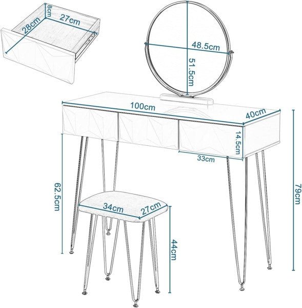 Elegant white dressing table with 360° rotating mirror, three spacious drawers, velvet stool, and sturdy gold-coloured metal frame, perfect for makeup and storage.






