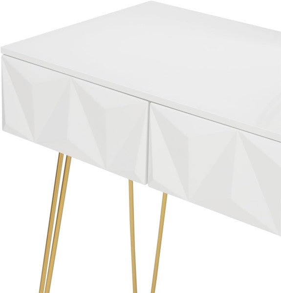 Elegant white dressing table with 360° rotating mirror, three spacious drawers, velvet stool, and sturdy gold-coloured metal frame, perfect for makeup and storage.






