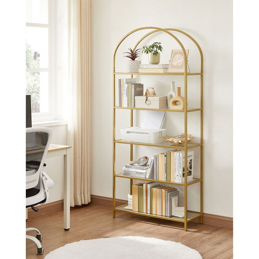 VASAGLE 5-tier gold glass shelf with a sturdy steel frame, transparent tempered glass shelves, and an elegant arched design, perfect for living rooms, offices, and bedrooms.

This sleek and sophisticated shelving unit is the ideal way to display and organize your favorite items, adding a modern and luxurious touch to any home!