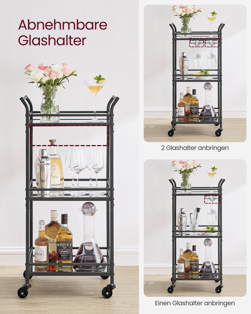 Elegant Mirrored Glass Serving Trolley with Detachable Glass Holders - Egyptian Queen storeserving trolley