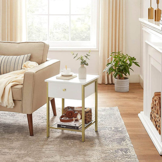 Elegant White and Gold Bedside Table with Grid Shelf - Egyptian Queen storeside table