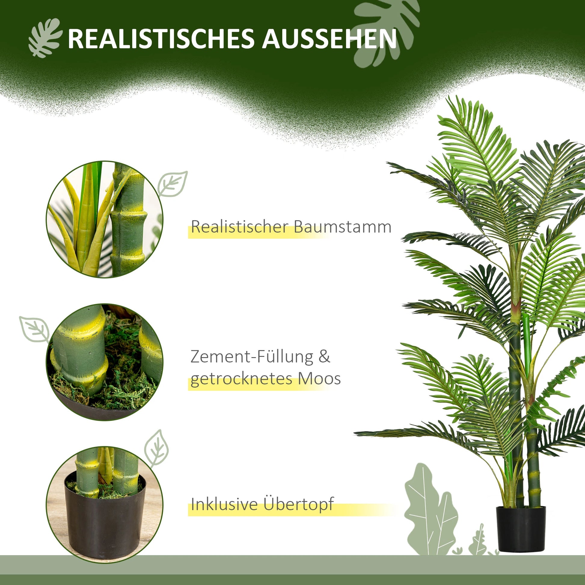 150 cm artificial Areca palm tree with 21 lifelike green leaves, set in a black planter with cement filling. Perfect for indoor or outdoor décor, maintenance-free.

