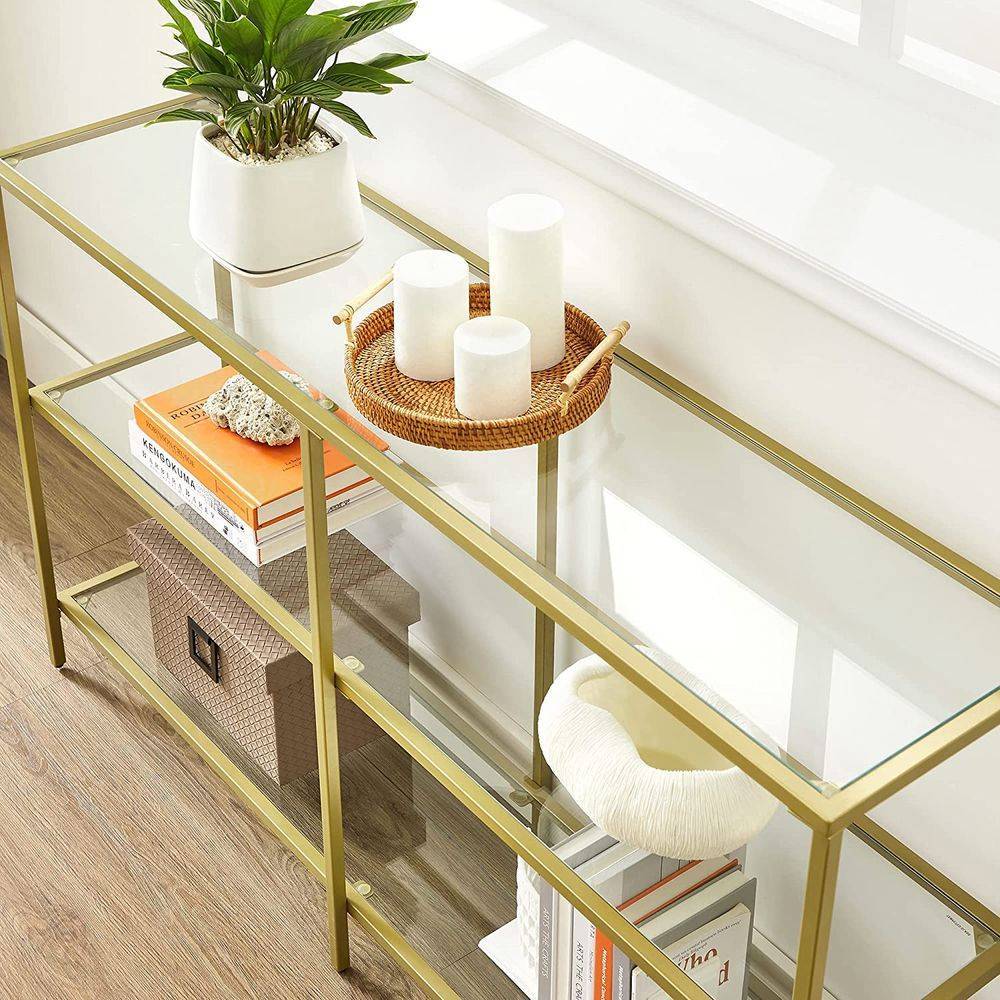 Golden 1.3m 3-Tier Tempered Glass Console Shelf – Elegant Home Storage - Egyptian Queen storeconsole table