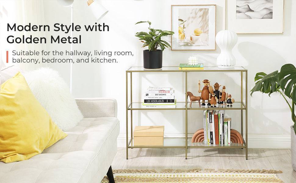 Golden 1.3m 3-Tier Tempered Glass Console Shelf – Elegant Home Storage - Egyptian Queen storeconsole table