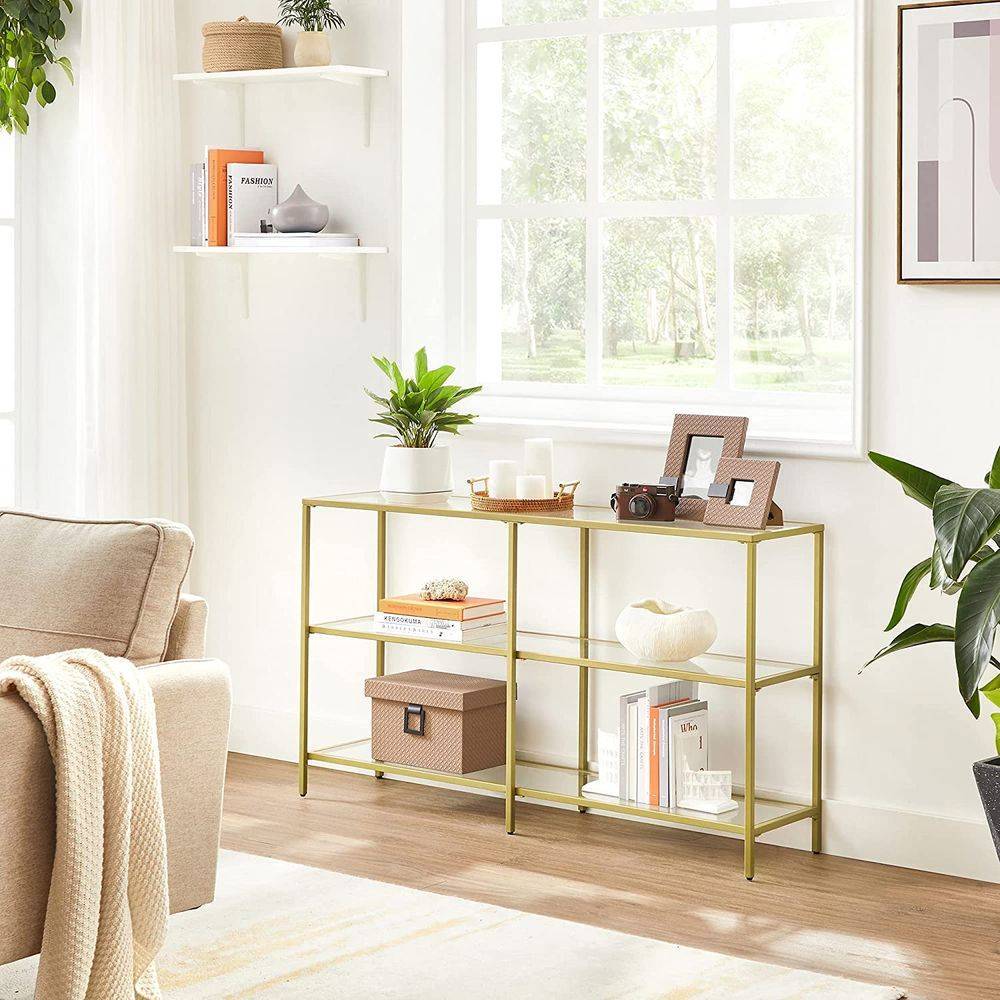 Golden 1.3m 3-Tier Tempered Glass Console Shelf – Elegant Home Storage - Egyptian Queen storeconsole table
