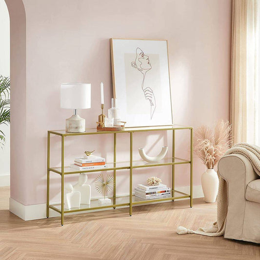 Golden 1.3m 3-Tier Tempered Glass Console Shelf – Elegant Home Storage - Egyptian Queen storeconsole table