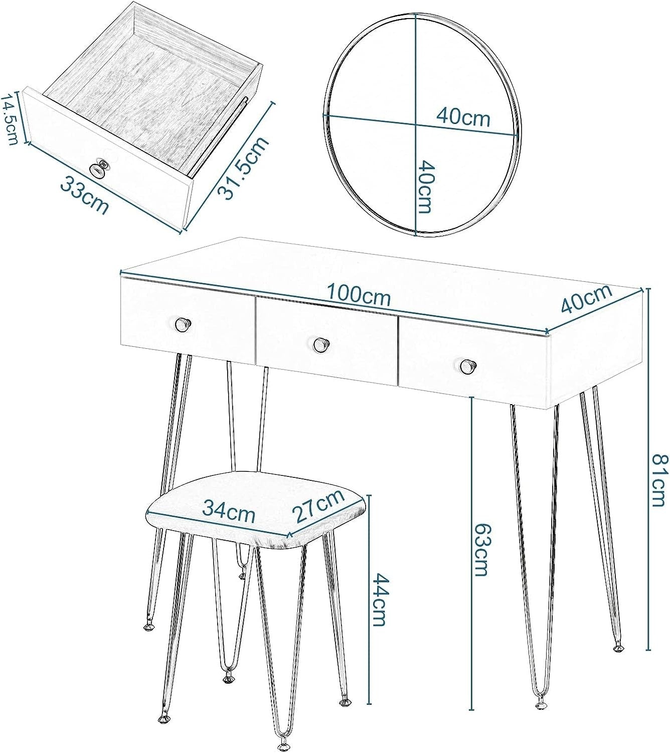 "Golden Elegance vanity makeup table with gold metal frame, spacious white drawers, velvet-padded stool, and a round wall-mounted mirror for modern interiors."

