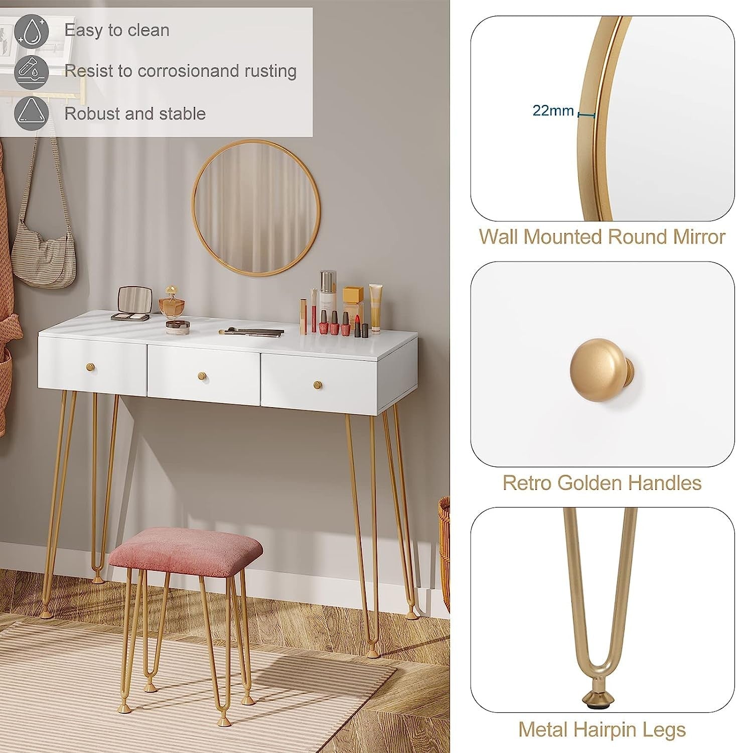 "Golden Elegance vanity makeup table with gold metal frame, spacious white drawers, velvet-padded stool, and a round wall-mounted mirror for modern interiors."

