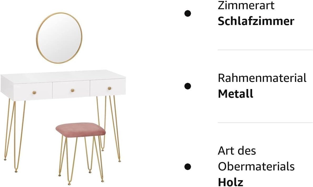 "Golden Elegance vanity makeup table with gold metal frame, spacious white drawers, velvet-padded stool, and a round wall-mounted mirror for modern interiors."

