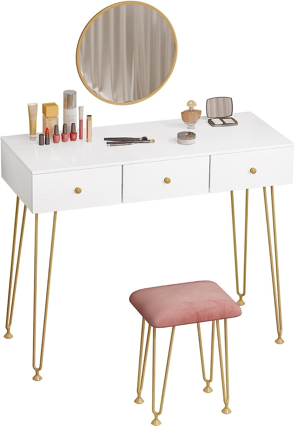 "Golden Elegance vanity makeup table with gold metal frame, spacious white drawers, velvet-padded stool, and a round wall-mounted mirror for modern interiors."

