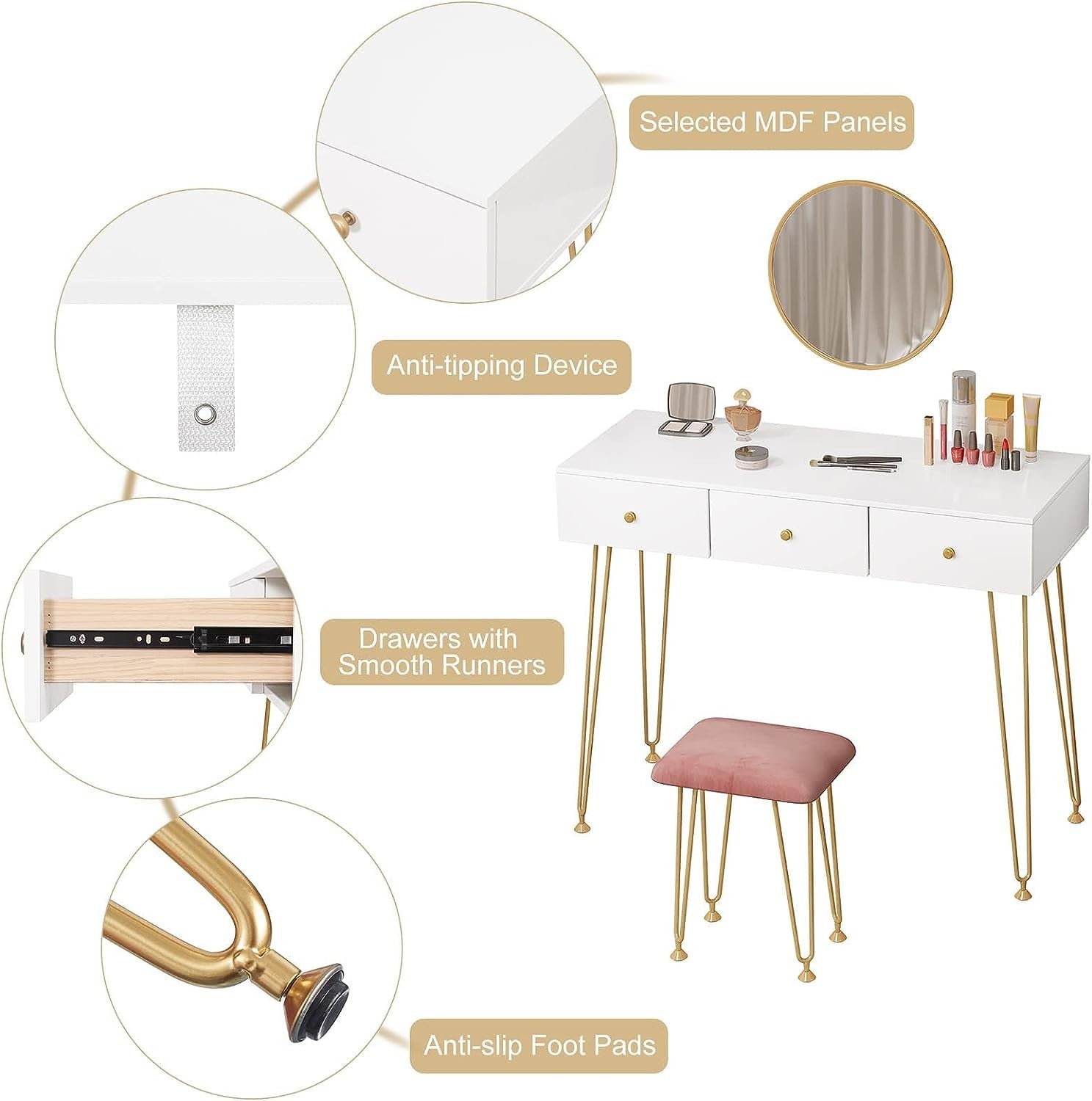 "Golden Elegance vanity makeup table with gold metal frame, spacious white drawers, velvet-padded stool, and a round wall-mounted mirror for modern interiors."

