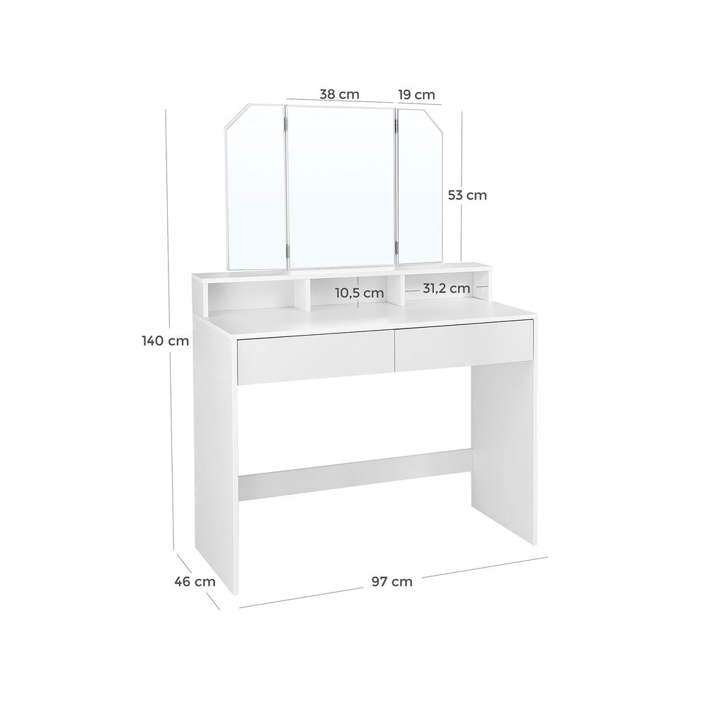 Classy white makeup dresser featuring a tri-fold mirror, two large drawers for cosmetics, three open compartments for nail polish, and a raised shelf for perfumes. Made with stain-resistant chipboard and melamine coating for durability and easy maintenance.