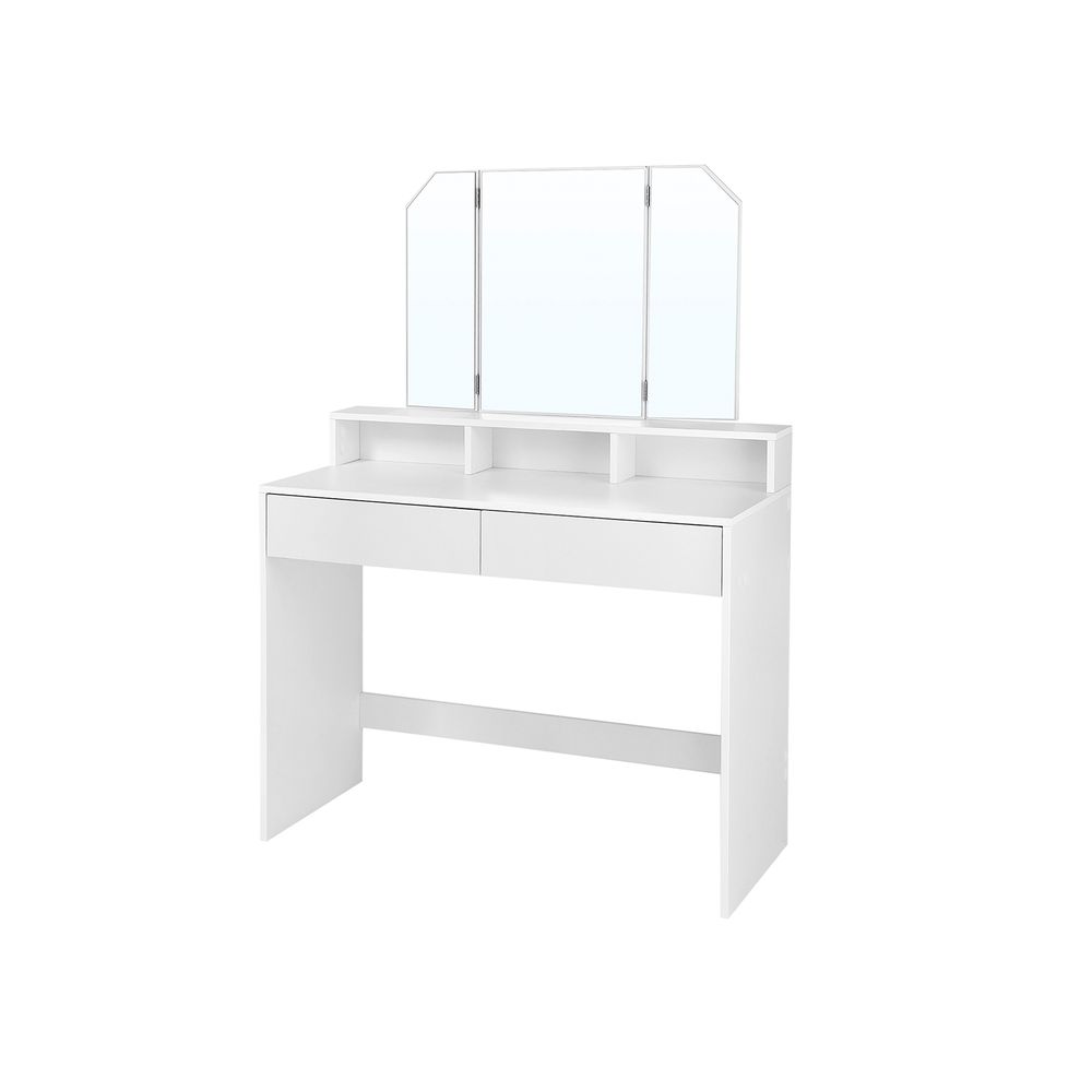 Classy white makeup dresser featuring a tri-fold mirror, two large drawers for cosmetics, three open compartments for nail polish, and a raised shelf for perfumes. Made with stain-resistant chipboard and melamine coating for durability and easy maintenance.