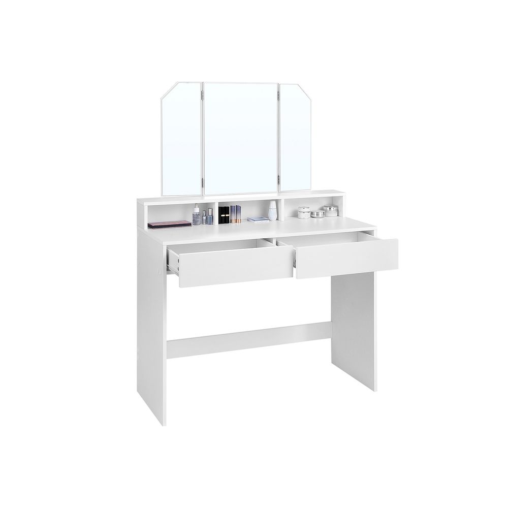 Classy white makeup dresser featuring a tri-fold mirror, two large drawers for cosmetics, three open compartments for nail polish, and a raised shelf for perfumes. Made with stain-resistant chipboard and melamine coating for durability and easy maintenance.