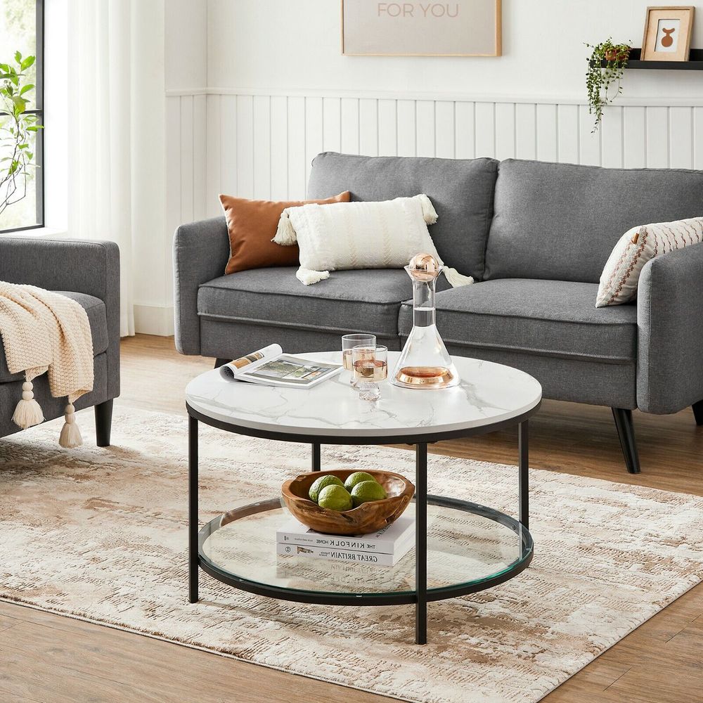 Modern Marble-Look Coffee Table with Tempered Glass Shelf - Egyptian Queen storecoffee table