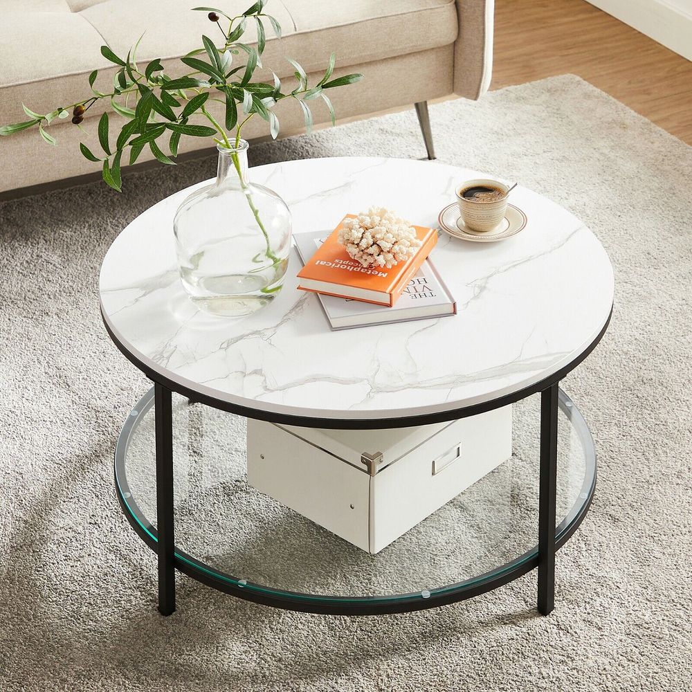 Modern Marble-Look Coffee Table with Tempered Glass Shelf - Egyptian Queen storecoffee table