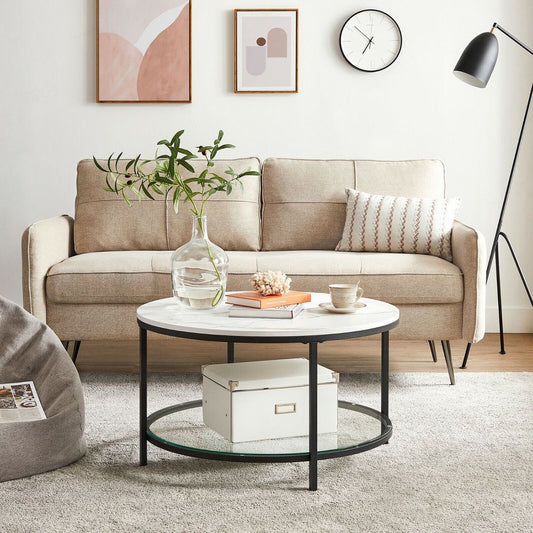 Modern Marble-Look Coffee Table with Tempered Glass Shelf - Egyptian Queen storecoffee table