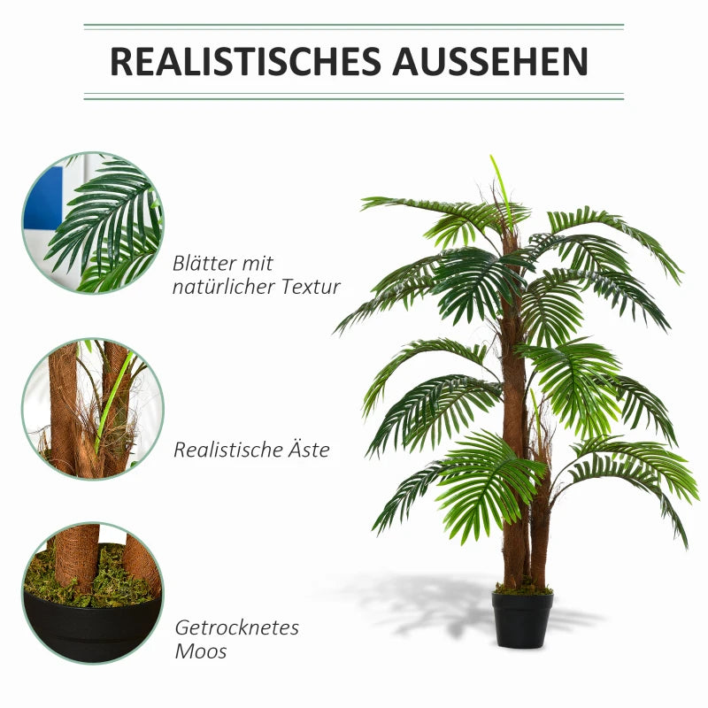 120 cm artificial palm tree with 19 realistic green leaves and a sturdy pot, ideal for bringing a tropical feel to indoor or outdoor spaces. No watering or pruning needed.

